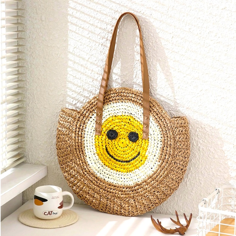 Circular Woven Straw Smile Tote Bag‎